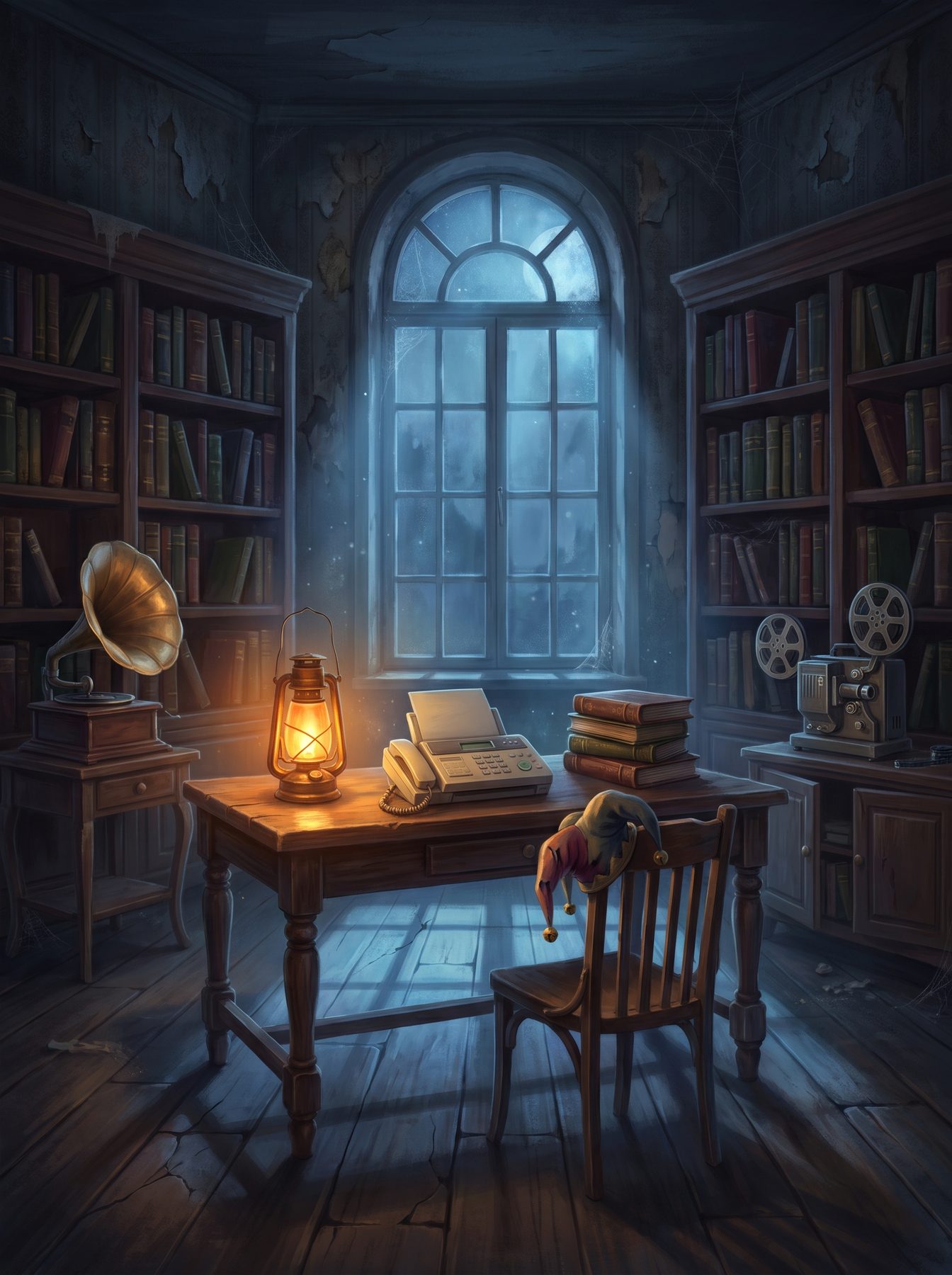 A ruined library at night