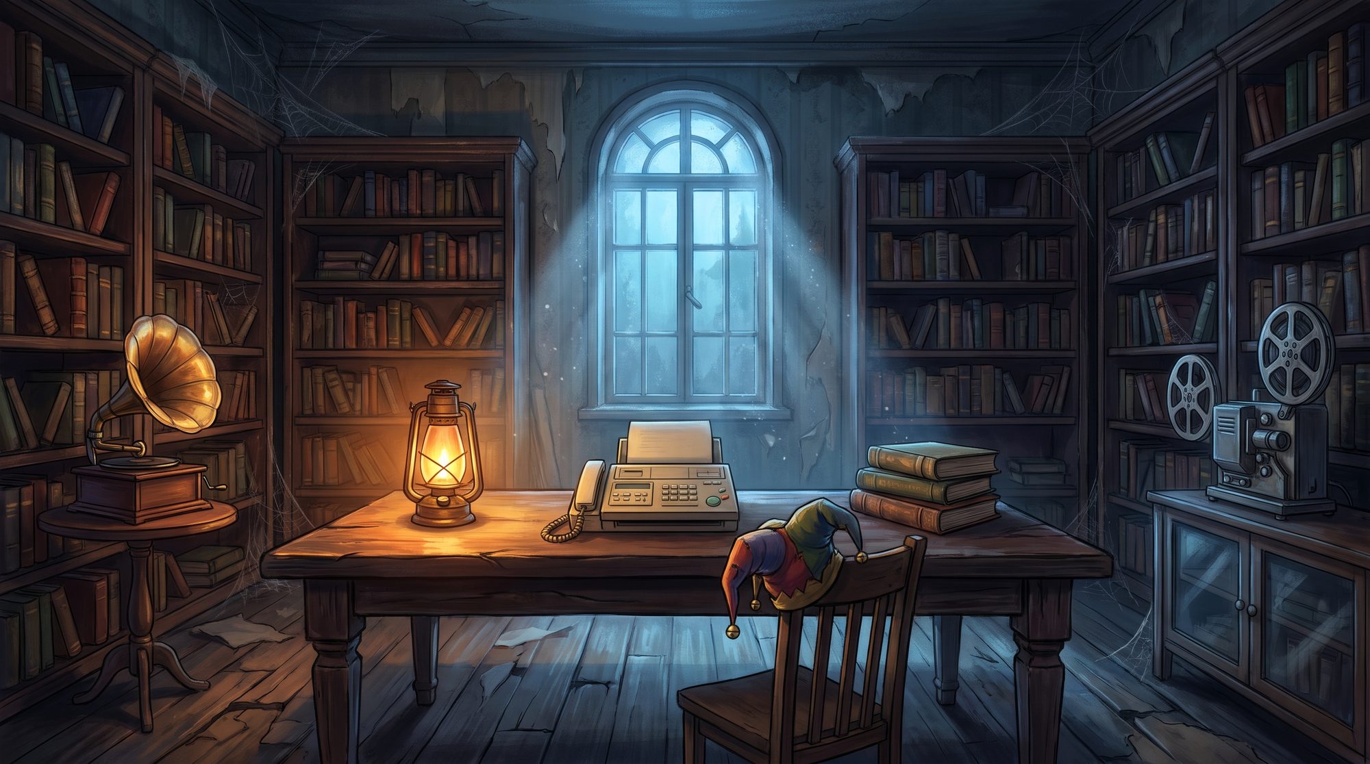 A ruined library at night